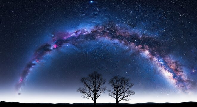 Stunning view of the milky way galaxy arching dramatically over the dark silhouettes of two bare trees against a starry night sky, creating a cosmic landscape