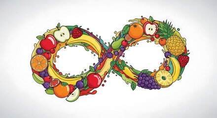 Colorful infinity symbol made of various fresh fruits, healthy eating concept.