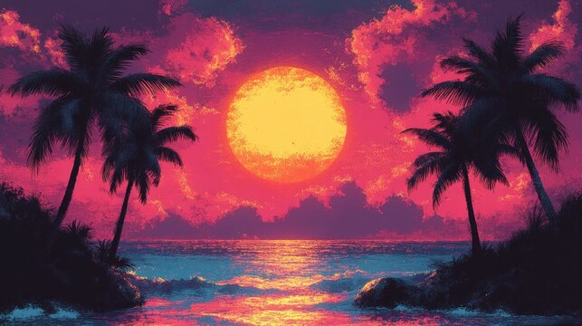 Dreamy tropical sunset with a huge glowing sun over a calm ocean, silhouetted palm trees framing a rocky shore under vibrant pink and purple clouds, evoking nostalgia and serenity - Powered by Adobe