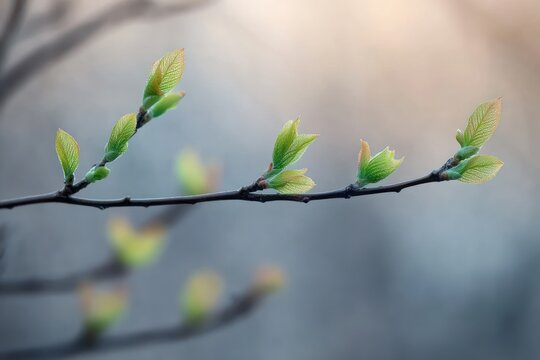 thin dark branch with fresh green buds and young leaves against a soft blurred background, morning light conveying serenity and hopeful renewal