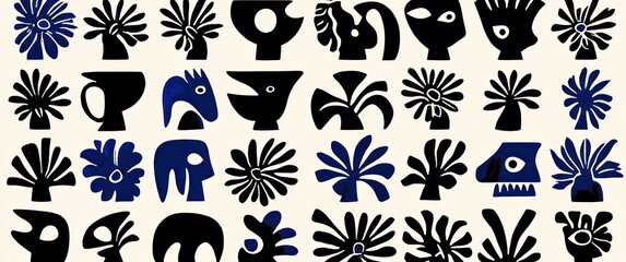 whimsical repeating graphic of abstract black and blue plant and face silhouettes, stylized flowers, cups and masks on a creamy background, playful decorative pattern