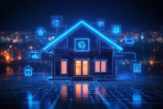 futuristic holographic smart home with glowing connected icons, warm interior light and digital network overlay against a blurred city night background conveying innovation and security