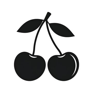 Monochrome illustration of two cherries and their leaves