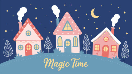 Winter Christmas landscape with snowy houses and trees