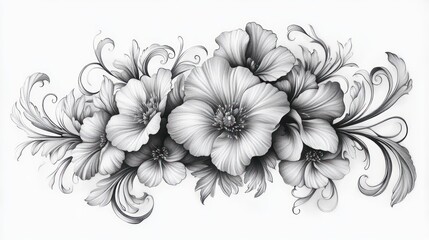 Monochrome detailed floral composition with large blooming flowers, flowing ornamental leaves and graceful swirls conveying an elegant, serene and romantic mood