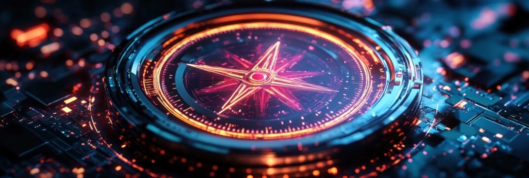 Glowing neon compass rose embedded in a circuit board, metallic ring and microchips lit by blue and orange light, evoking futuristic mystery and high-tech exploration