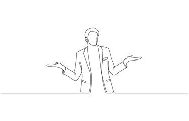 Continuous one line drawing of a person shrugging with open hands conveying uncertainty or a lack of knowledge isolated on transparent background.