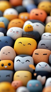 A vibrant, close-up shot of a multitude of small, round, and squarish characters with cute, smiling faces, piled together in a playful and colorful arrangement.