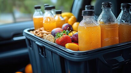 Chilled plastic crate filled with condensation-covered orange juice bottles, fresh strawberries, plums, kumquats and snack bars on a car seat, conveying a fresh inviting picnic mood