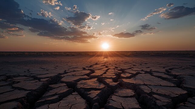 A vast, cracked earth landscape stretches towards the horizon under a dramatic sunset sky with sun rays breaking through clouds. The dry, barren ground shows de - Powered by Adobe