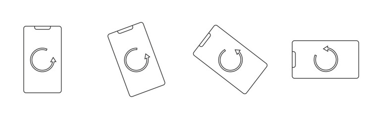 set of smartphone icons showing rotation and orientation in portrait and landscape modes with a circular arrow indicating device rotation functionality isolated on transparent background