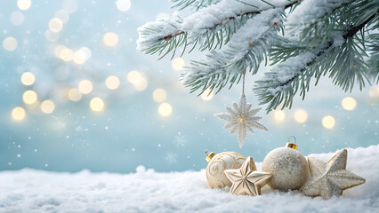 Christmas ornaments and snowflakes resting on snow under pine branch