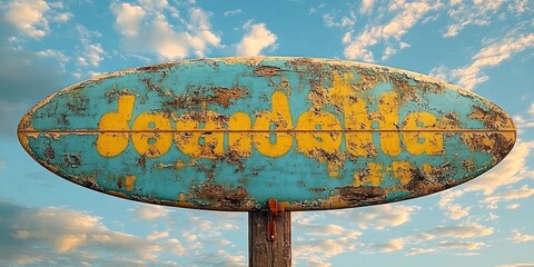 weathered surfboard-shaped sign with peeling turquoise paint and faded yellow lettering on a wooden post against warm blue sky and scattered clouds, nostalgic seaside mood