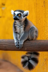 Obraz premium Ring tailed lemur perched on a wooden beam against a vivid yellow wall, fluffy striped tail hanging down, alert curious expression