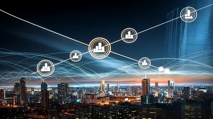 City skyline at dusk with data visualization elements showcasing growth and technology trends - Powered by Adobe