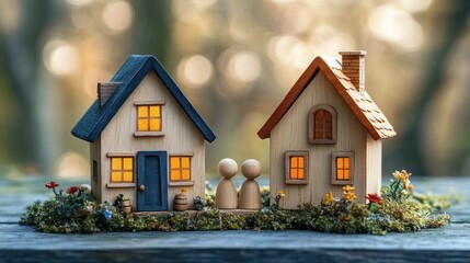 Two tiny wooden houses with blue and brown roofs and glowing windows flanking two wooden peg figures on a mossy miniature garden, warm cozy peaceful evening scene