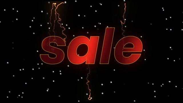 Dynamic sale animation with glowing red text and sparkling particles against a black backdrop