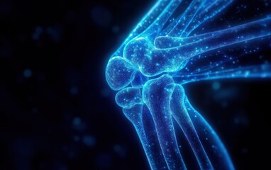 Glowing blue digital rendering of an elbow joint with humerus, radius and ulna illuminated by sparkling particles, conveying futuristic clinical precision and scientific wonder
