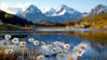 Close-up of white daisies blooming in the foreground, with a calm lake reflecting snow-capped mountains and trees under a clear blue sky during golden hour.