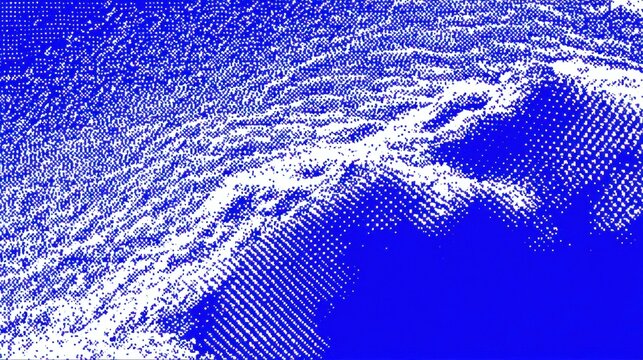 Abstract digital art featuring a blue background with white dotted patterns, resembling waves or ripples.