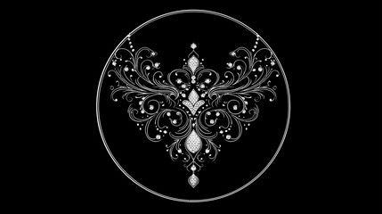 Fototapeta premium Elegant symmetrical silver ornamental design with intricate scrollwork, delicate dots, and teardrop shapes, framed in a circle on a black background.
