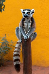 Obraz premium ring-tailed lemur perched on a wooden post with long striped tail against a vibrant yellow wall, gazing alertly with a curious, poised expression