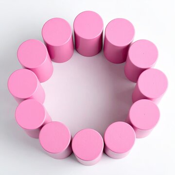 A circle of twelve cylindrical, pale pink objects arranged on a white background