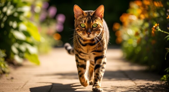 A Bengal cat with striking green eyes walks confidently on a sunlit garden path, surrounded by lush greenery and colorful flowers. - Powered by Adobe