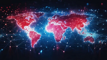 Glowing digital world map composed of interconnected nodes and luminous red and blue network lines conveying global connectivity and futuristic energy