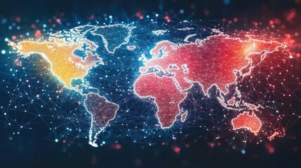 glowing interconnected world map of continents formed by network nodes, lines and particles in blue, red and orange hues conveying a futuristic, energetic sense of global connectivity