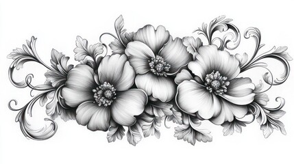 detailed monochrome floral illustration of three large blooming flowers with textured petals, prominent stamen centers, curling ornamental leaves and swirling vines conveying elegant serenity