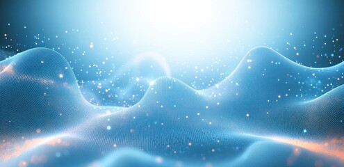 serene glowing digital wave landscape of undulating mesh and floating particles under soft radiant light