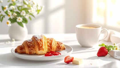 クロワッサンと苺ジャムの朝食シーン｜シンプル・食・背景・教育に使える高解像度イメージ
