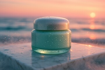 Closed jar of moisturizing cream on the beach at sunset, symbol of natural beauty and calm.
