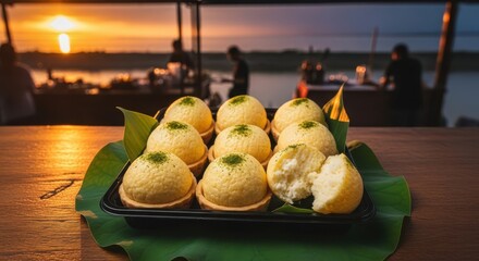 Japaneese cheesecake A delectable spread of Chomchom, a traditional Bengali sweet, is beautifully arranged on a banana leaf, set against the backdrop of a serene river.
