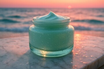 Open jar of face cream on beach at sunset, skincare concept with natural ocean glow.
