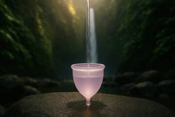 Pink menstrual cup placed beneath a waterfall, endless water stream flowing into it, symbol of natural flow and purity.
