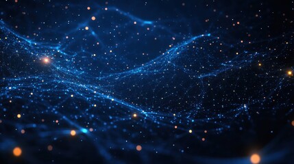 blue glowing digital mesh with interconnected nodes and golden particles forming undulating waves, evoking futuristic wonder and mysterious depth