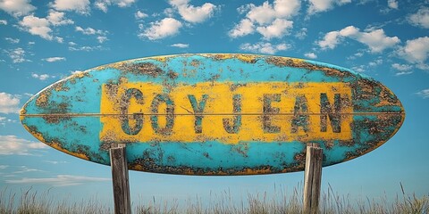 weathered turquoise and yellow surfboard sign on wooden posts above dune grass under a bright blue sky, evoking nostalgic seaside calm