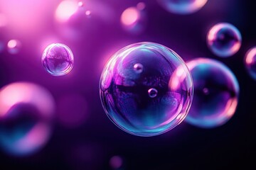 iridescent soap bubbles floating in glowing purple and blue light, dreamy ethereal and playful atmosphere