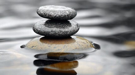 two small smooth stones stacked on a larger partially submerged rock in calm reflective water, evoking peace and balance