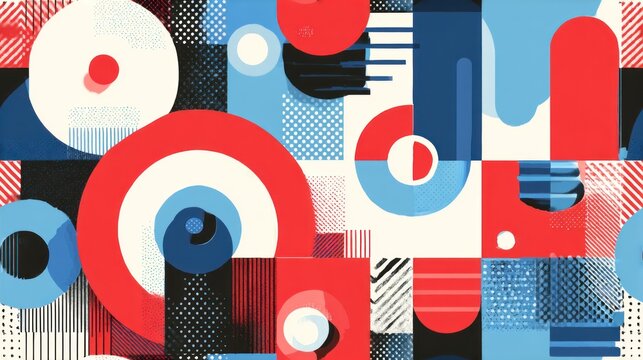 A vibrant abstract composition featuring geometric shapes in red, blue, and white, with varying patterns and textures creating visual interest.