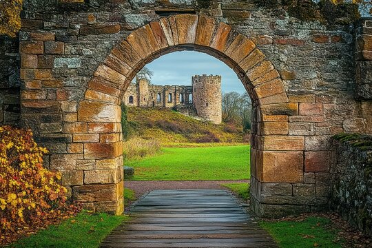 stone arch gateway framing a grassy path to medieval castle ruins with round towers, autumn foliage and mossy stone walls, evoking a peaceful historic atmosphere