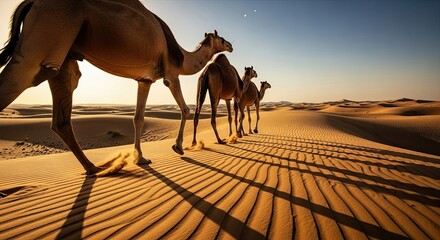 Three camels walk sand, camels cross dunes, camels begin epiphany trek