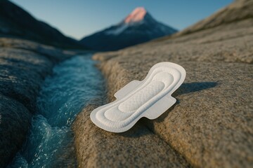 Menstrual pad placed on river rock in mountain landscape, symbol of flow and purity.
