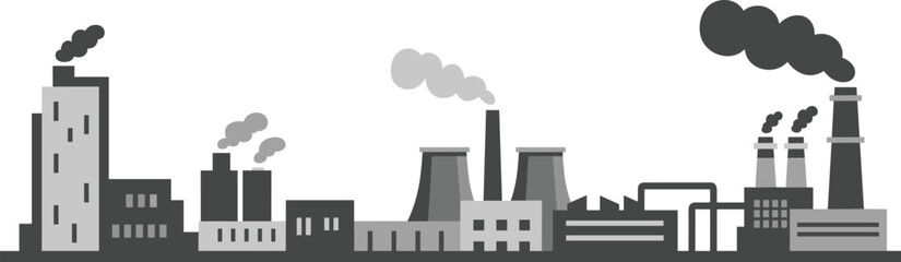 Minimalist industrial city skyline, factories with smokestacks, power plant silhouette, pollution concept illustration, monochrome factory landscape, heavy industry scene