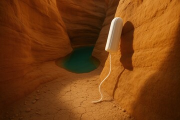 White tampon hanging in dry canyon landscape, symbol of women’s health and limited access to hygiene.
