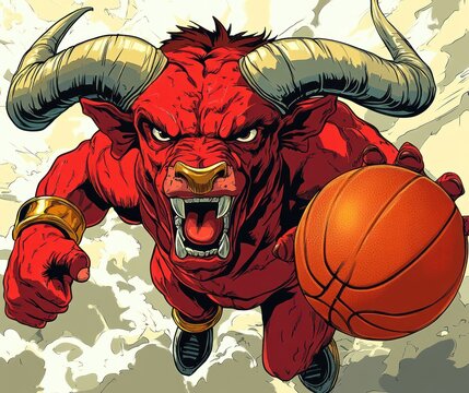 Fierce red horned humanoid beast leaping to dunk a basketball, roaring with gold nose ring and bracelets, muscular comic-style action in midair - Powered by Adobe
