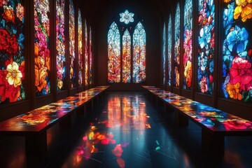 Cathedral interior with vibrant floral stained glass windows, long dark benches and glossy reflective floor bathing the space in serene, reverent colorful light