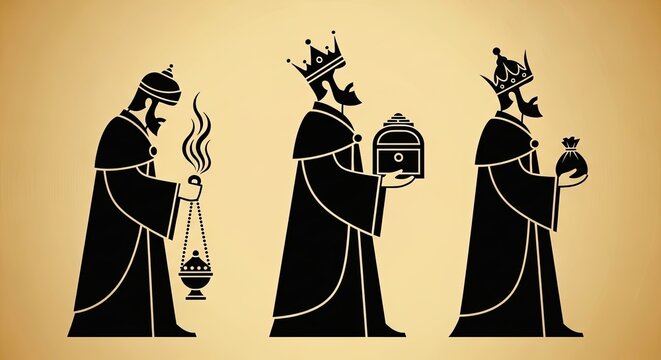 Three kings silhouette on gold, kings carry gifts, kings honor epiphany